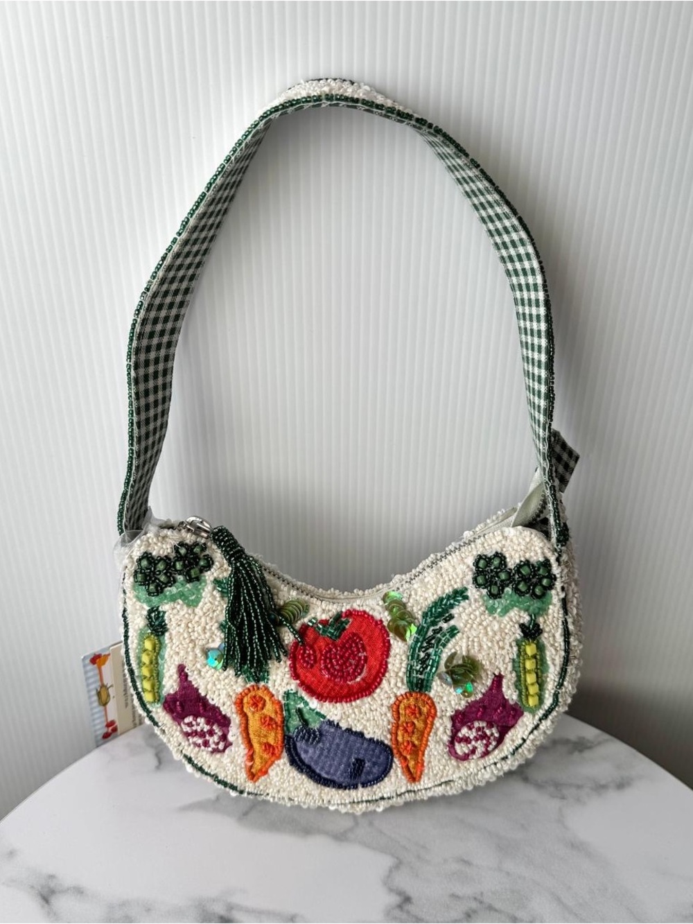 Made in India Beaded Veggie Embroidered Shoulder Bag - Green/White